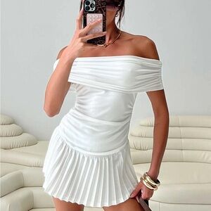 Princess Polly White Off Shoulder Pleated Mini Dress